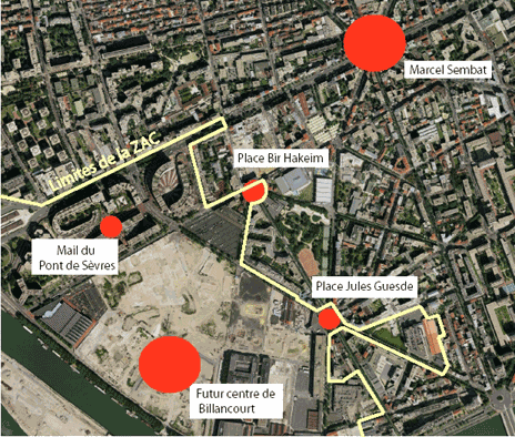 Boulogne-Billancourt : emplacement des centralités dans la ville sud