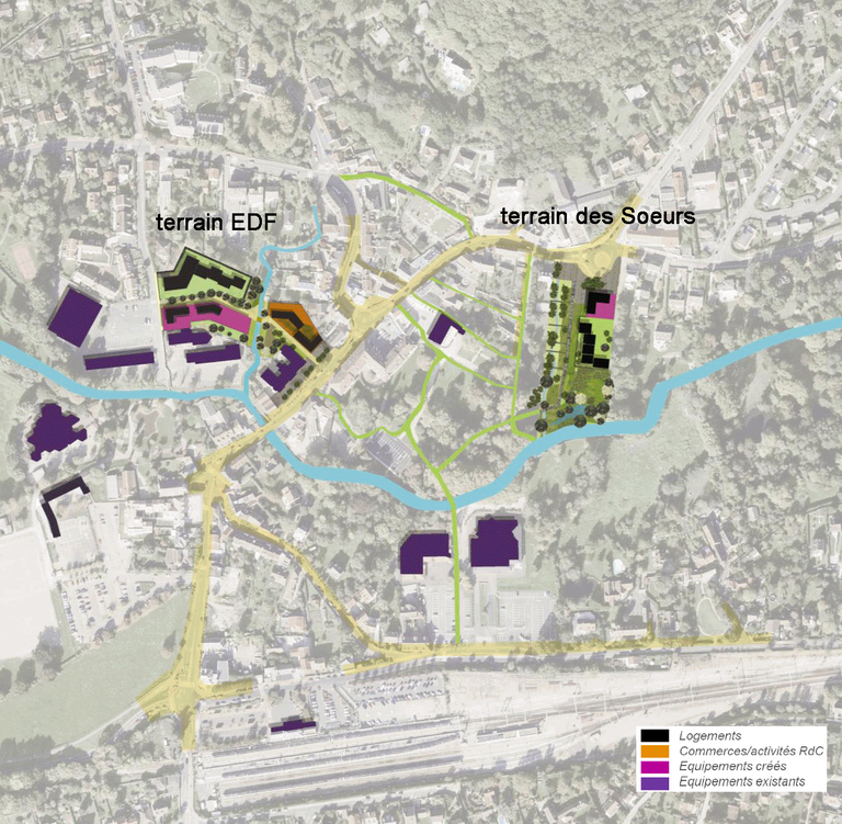 Saint-Rémy-lès-Chevreuse : plan centre-ville avec terrain EDF et terrain des Soeurs