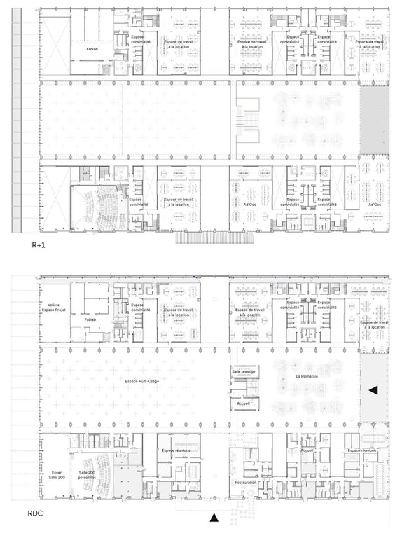 Halles Latécoère coupe programmatique R+1 et RDC